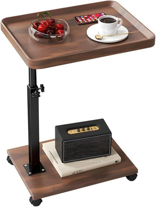 Gets Adjustable Height Sofa Tray Table for Couch,360°Swivel TV Tray for Small Spaces,C Table End Table with Wheels for Eating, Livingroom, Bedroom, Sofa-Walnut,15.8" X 11.8" X 31.5"