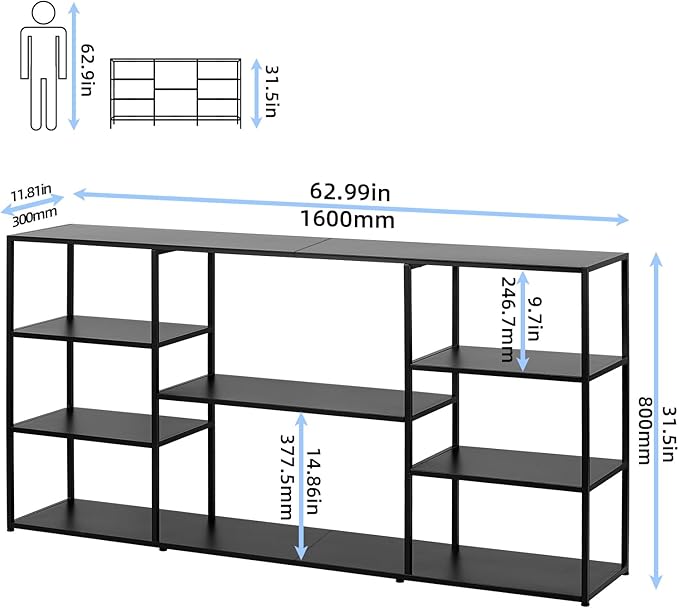 63 Inch Metal Console Table with 8 Storage Shelves,Extra Long Entryway Table,Narrow Sofa Table,Hallway Table for Entrances to Corridor, Foyer,Living Room (Black, 62.99×11.81×31.5)