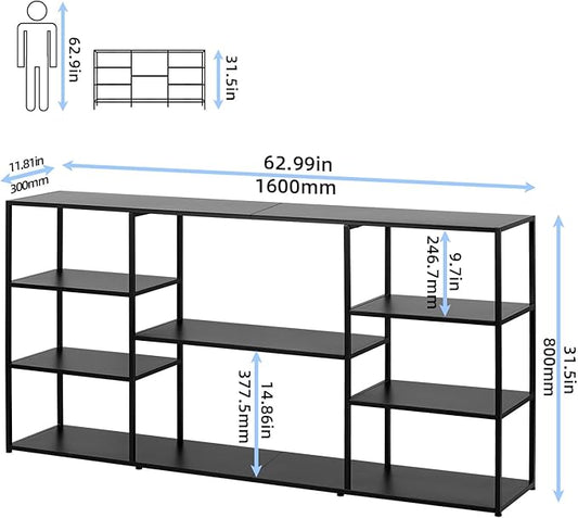 63 Inch Metal Console Table with 8 Storage Shelves,Extra Long Entryway Table,Narrow Sofa Table,Hallway Table for Entrances to Corridor, Foyer,Living Room (Black, 62.99×11.81×31.5)