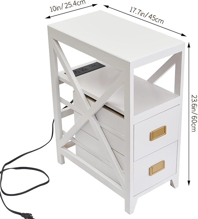 Fully Assembled Narrow Side Table with Charging Station, No Assembly Narrow Nightstand with USB Ports, Pre Assembled Skinny End Table with Outlets for Living Room, Bedroom-White