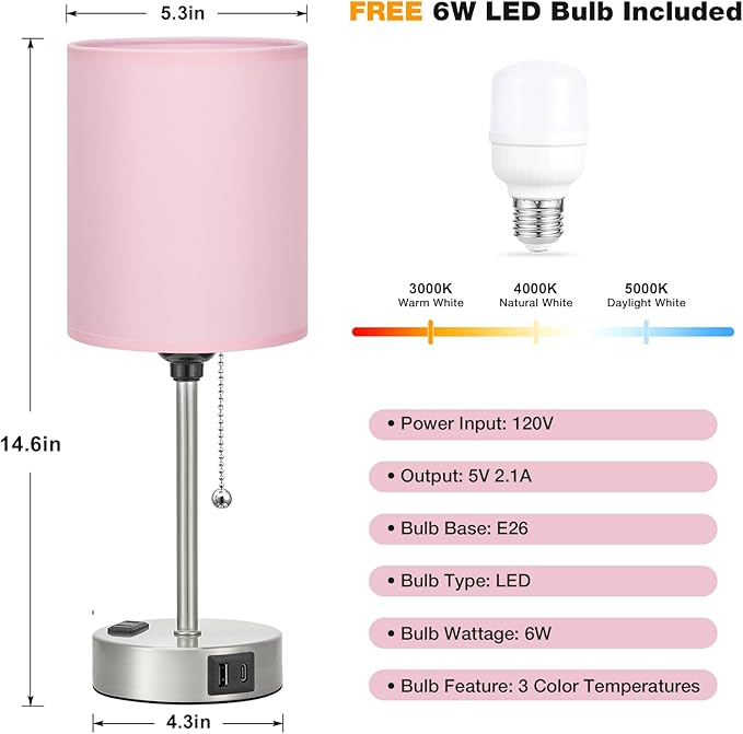 Pink Bedroom Lamp for Bedside - 3 Color Temperatures Desk Lamp with USB C and A Ports, Pull Chain Table Lamp with AC Outlet, Nightstand Lamp with Silver Metal Base for Kids Girls
