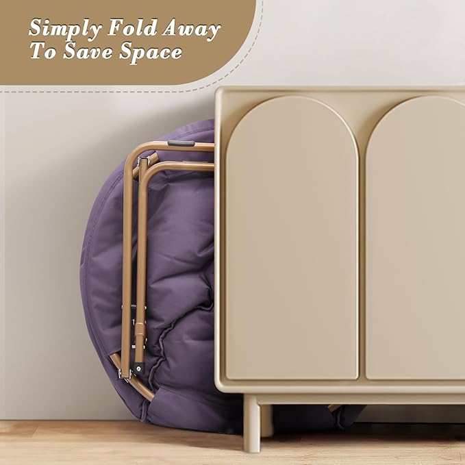 Athena Collection Saucer Chair with Ottoman - Modern Foldable Round Cozy Chair - Purple Faux Fur - 300 lbs Capacity - Ideal for Bedroom, Living Room, Gaming, Reading, Camping