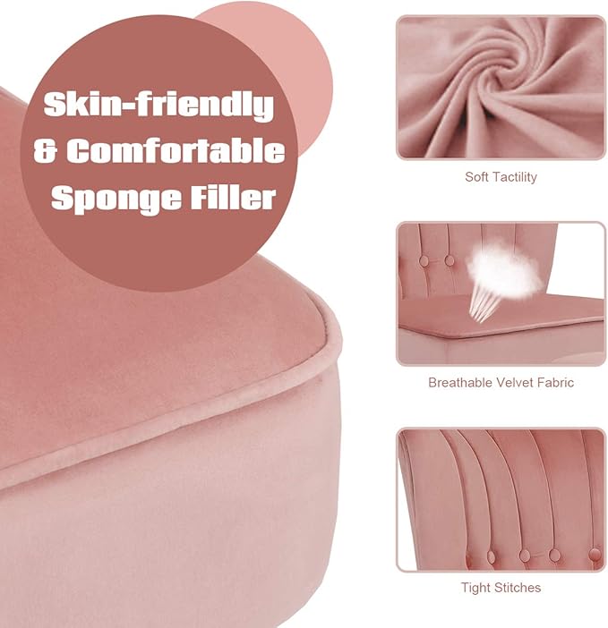 Giantex Modern Accent Chair Ottoman Set, Armless Slipper Sofa Chair with Footstool, Velvet Upholstered, Button Tufted, Single Chair and Ottoman for Living Room/Bedroom/Home Office (Pink)