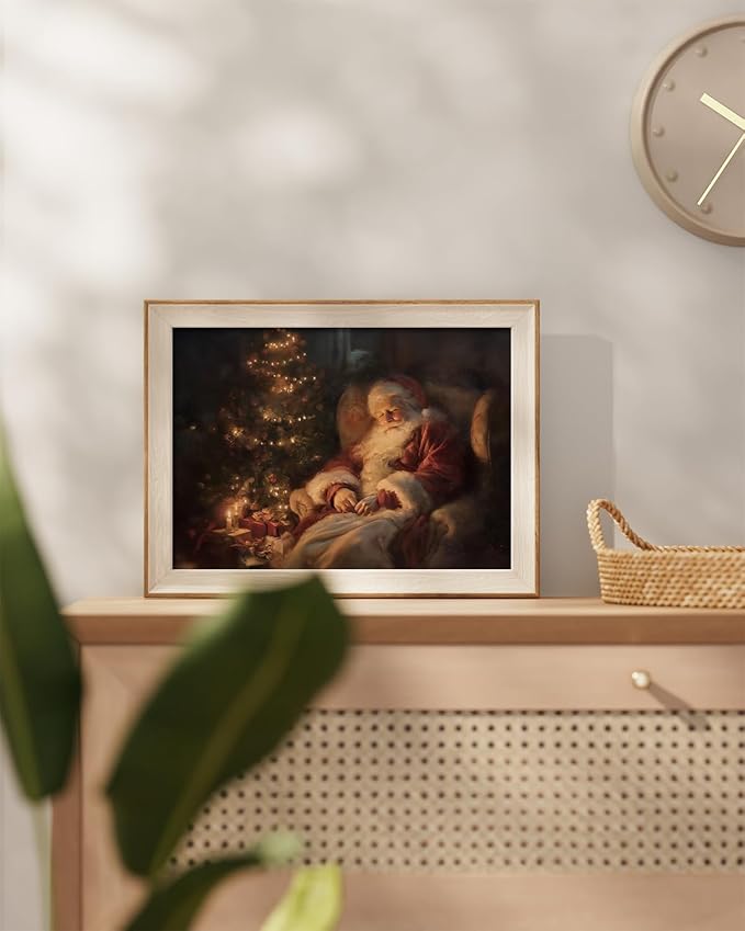 InSimSea Christmas Decor Framed Wall Art, Santa Claus by the fireplace Canvas Painting, Vintage Rustic Home Decor, Unique Christmas Gifts For Table Wall Farmhouse Mantel Home Office 12L x 16W