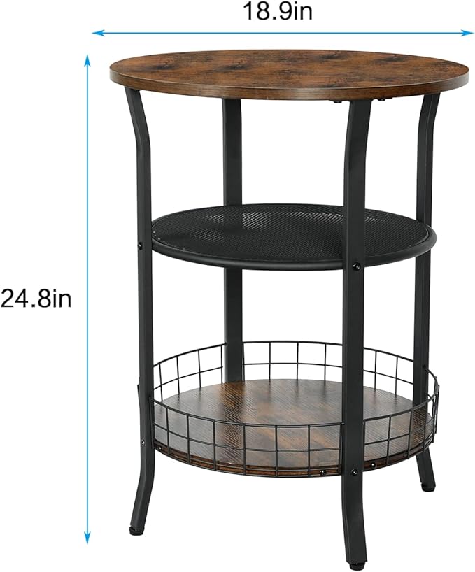 X-cosrack Round Side Table, Industrial Retro End Table with Storage,Coffee Snack Table for Living Room, Bedroom,Kitchen,Office,Stable Wood and Metal Frame,Rustic Brown
