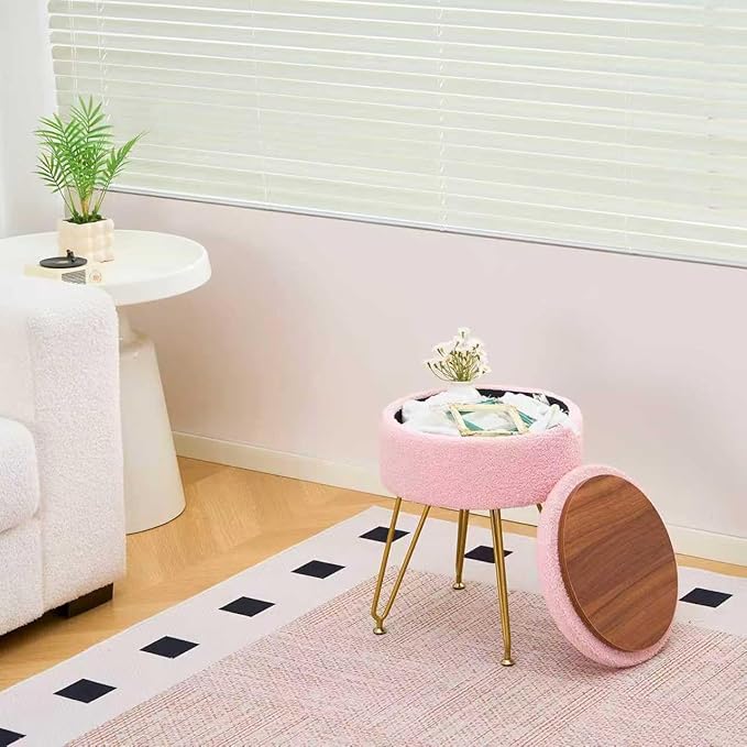 Wimarsbon Storage Ottoman,Teddy Velvet Vanity Stool,Soft Padded Seat,Round Footrest with Removable Cover and Adjustable Legs,Modern Decorative Accent Footstool or End Table for Hallway (Pink)