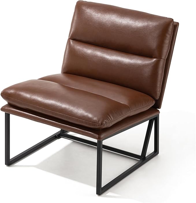 Glitzhome Mid Century Modern Accent Chair, Living Room Chair Thick Leatherette Chair with Metal Frame, Side Chair with Backrest, Upholstered Leisure Chair for Living Room, Bedroom, Office,Coffee 1PC