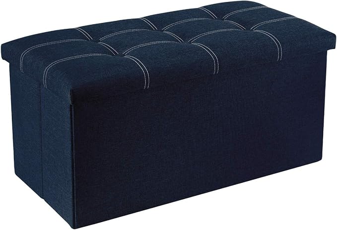 YOUDENOVA 30 Inches Folding Ottoman with Storage, Footrest Seat Support 350lbs, Bench for Living Room Bedroom, Linen Fabric Blue