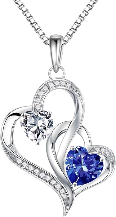 Iefil Christmas Gifts for Women - Double Heart Birthstone Necklace, 925 Sterling Silver Heart Pendant Necklace, Anniversary Birthday Gifts for Women | Personalized Jewelry Gift for Wife Mom Girlfriend
