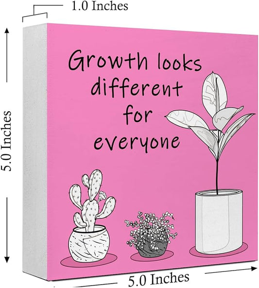 LVQHI Inspirational Wood Block Sign,Growth Looks Different for Everyone Plant Motivational Wooden Block Sign for Home Bedroom Office Desk Table Decor,Inspirational Cheer Up Gift for Coworker Red