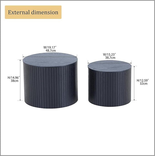 KEVINSPACE Small Coffee Table Nesting End Table Set of 2, Round Coffee Table with Storage Function Wood Side Table Circle Accent Tables for Small Spaces Living Room Bedroom Balcony Office Black