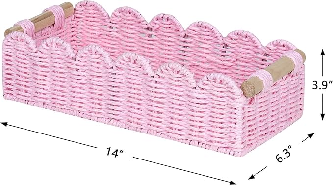CubesLand Paper Rope Scalloped Edge Gift Basket Empty, Small Living Room,Bedroom Decor Baskets, Pink Woven Toilet Paper Storage Basket, with 2 Wooden Handle, Rectangular