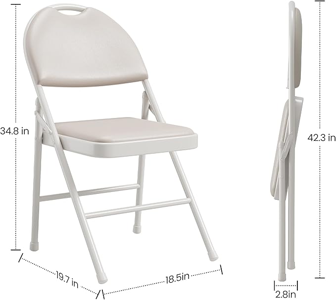 IDEALHOUSE 4 Pack Folding Chairs with PU Leather Padded Cushion, 350lbs Capacity, Lightweight Ergonomic Design, Metal Frame, Indoor Outdoor Portable Stackable Seats for Home Office Party Events，Beige