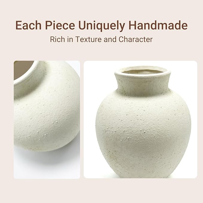 Boho Farmhouse Terracotta Vase Handcrafted Ceramic Sand White Rustic Flower Vase Vintage Pot for Home and Hotel Decor, Table, Living Room, Bathroom, Shelf, Mantel Decoration, Wedding
