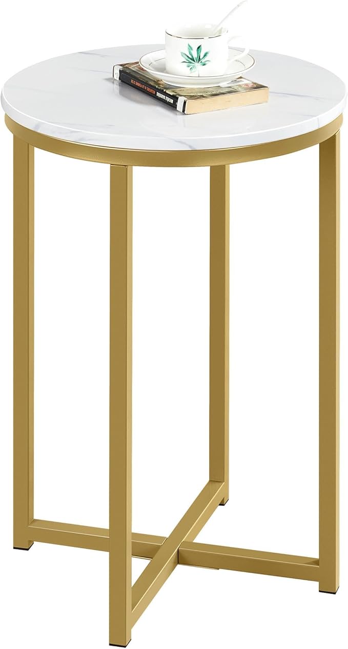 Yaheetech Faux Marble Side Table, 16in Modern Accent Sofa Table, Round Tabletop, Sturdy Metal Legs for Living Room, Mustard Gold
