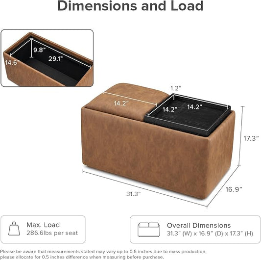 mopio Levi Storage Bench with Reversible Tray, Modern Storage Coffee Table, Bedroom Bench, Rectangular Cube Upholstered Coffee Table Ottoman for Living Room, Bedroom (Faux Leather, Pecan Brown)