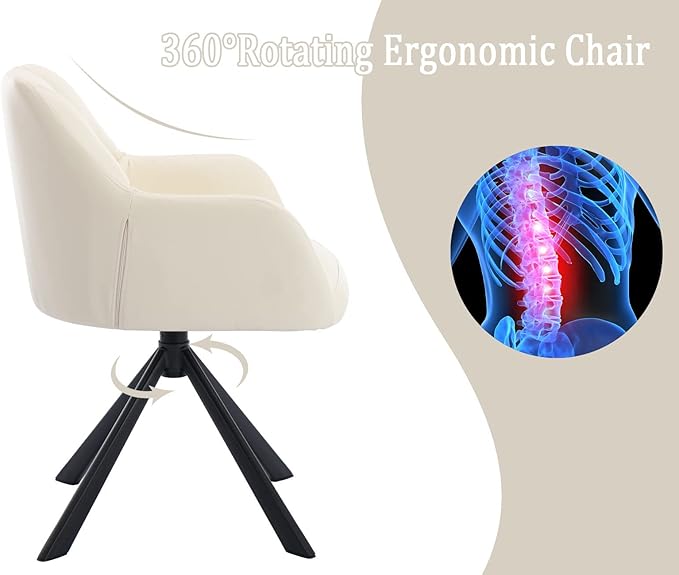 EALSON Comfy Leather Desk Chair Modern Computer Task Chair no Wheels Swivel Accent Chair with Mid Back Arm Chair for Living Room/Bedroom/Home Office, PU Beige