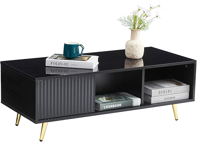 COSVALVE 41.3IN LED Black Coffee Tables for Living Room with 16 Colors LED Lights, Modern Minimalist Coffee Table with Fluted Panel, Rectangle Center Table Game Table