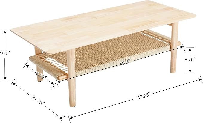 Farmhouse Coffee Table with Rattan Storage Boho Mid Centry Modern Center Table with Under Shelf Wood Living Room Table with Woven Shelf Underneath for Living Room Lounge, Natural Color