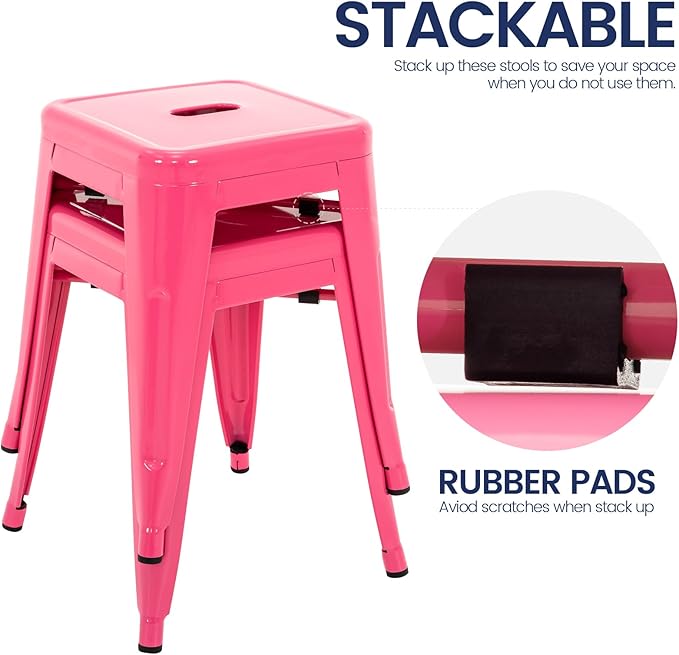 Brage Living 18 Inch Industrial Metal Stools Set of 2, Stackable Classroom Stools, Backless Metal Dining Chairs for Indoor Outdoor, Kitchen Short Stools (Hot Pink)