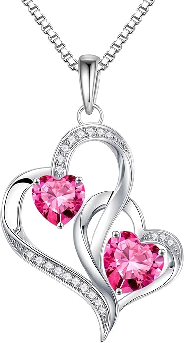 Iefil Christmas Gifts for Women - Double Heart Birthstone Necklace, 925 Sterling Silver Heart Pendant Necklace, Anniversary Birthday Gifts for Women | Personalized Jewelry Gift for Wife Mom Girlfriend