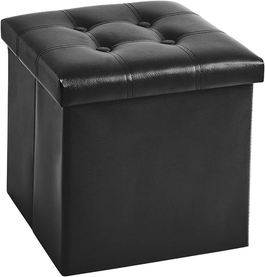 YOUDENOVA 15 inches Folding Storage Ottoman, Cube Storage Boxes, Small Ottoman with Foam Padded Seat, Support 300lbs (Black, Leather)