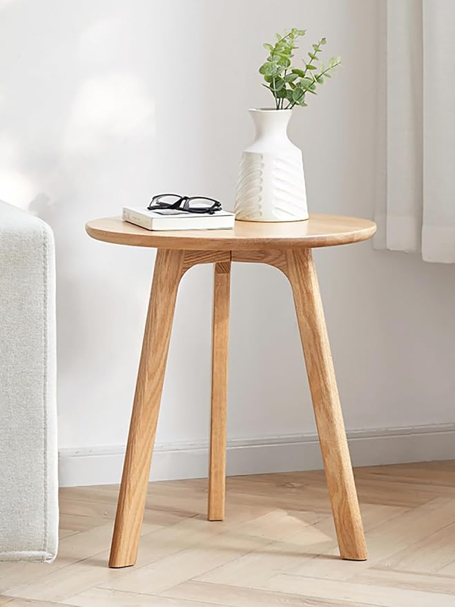 Solid Wood Round Side Table,End Table - FAS-Grade North American Oak,Elegant Round End Table with 3-Leg Design,Modern Natural Wood Accent Side Table for Living Room, Bedroom & Office Decor