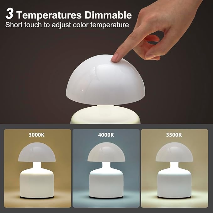Modern Cordless Mushroom Small Table Lamp Touch LED Lamps, 3-Way Dimmable Bedside Nightstand Lamp Mini Rechargeable Night Light for Bedroom, Living Room (White)