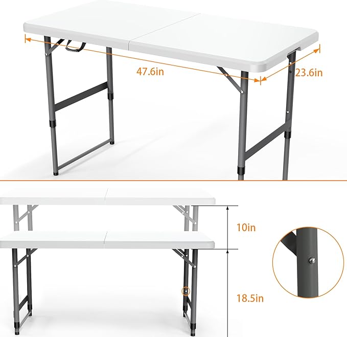 4FT（24" x 48"） Folding Table, Indoor Outdoor Heavy Duty Table with Carrying Handle,Placstic Fold up Table for Picnic, Party, Camping，Office - White (4FT)