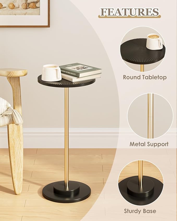Round Side Table, Small Drink Table for Small Spaces, Modern Accent End Table with Metal Leg for Living Room, Bedroom, Corners, and Office (Black Gold)