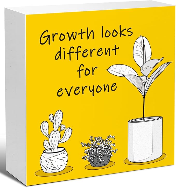 LVQHI Inspirational Wood Block Sign,Growth Looks Different for Everyone Plant Motivational Wooden Block Sign for Home Bedroom Office Desk Table Decor,Inspirational Cheer Up Gift for Coworker,5"x5"