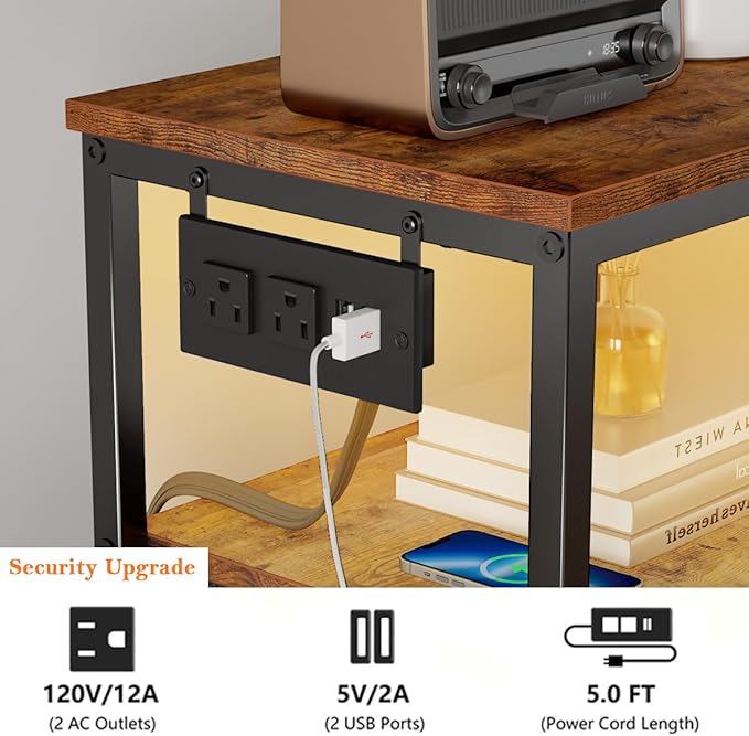 Furnulem Dresser for Bedroom, Tall Nightstand, Vertical Chest with Wood Top, Charging Station, LED Lights, 5 Fabric Bins, Bedside Table with Shelf, Furniture for Entryway (5 Drawer, Rustic Brown)