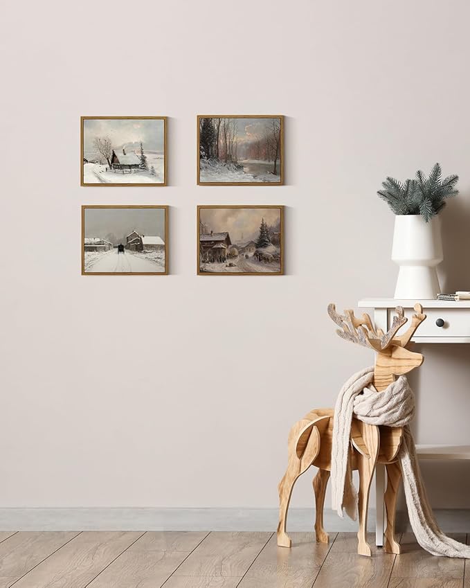 ARPEOTCY Vintage Cottage Framed Canvas Wall Art Prints, 8x10in, Winter Snow Antique Farmhouse Art Room Decor, Christmas Gifts, Rustic Winter Oil Paintings for Living Room Bedroom Bathroom