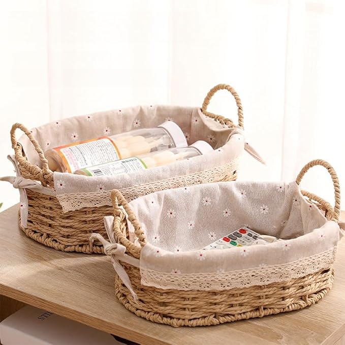 GIB Small Wicker Storage Baskets for Organizing, Decorative Woven Baskets with Handles & Liners, Boho Paper Rope Serving Baskets Trays for Shelves & Gifts, Set of 2