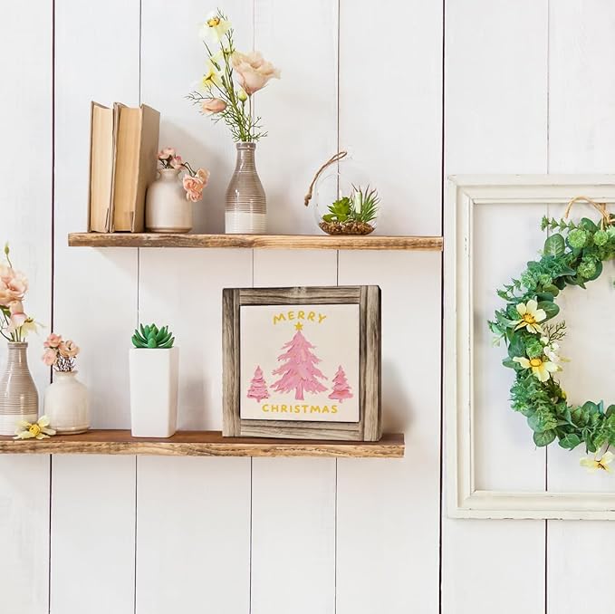 Merry Christmas Wood Sign, Pink Christmas Tree Decor, Wood Plaques Desk Decors, Decorative Wooden Box Sign, X-mas Home Decor for Living Room Bedroom Table helves, X-mas Gift for Girls Women