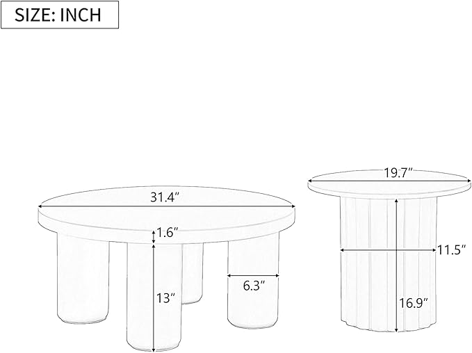 Modern Coffee Table Set of 2, Round Center Table with Roman Column Legs,Space-Saving Stackable Design,Matching End Tables for Living Room, Industrial & Functional, Easy Assembly,White