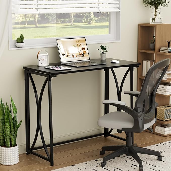 Folding Desk, 31.5" Small Desk for Bedroom, Space Saving Foldable Computer Desk for Home Office, Easy Assembly, Black