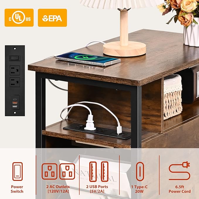Livofloral Side Tables with Charging Station, Narrow End Table with 2 Wooden Drawers, USB Ports and Power Outlets, Narrow Nightstand and Bedside Table, Side Tables Living Room, Bedroom, Brown
