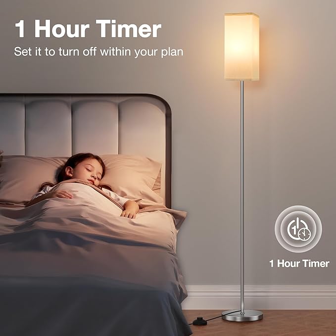 Ambimall Remote Control Floor Lamp, Stepless Dimmable, 64 Inches Tall, Include 9W Bulb, Standing Lamp for Living Room Bedroom Office (White & Sliver)