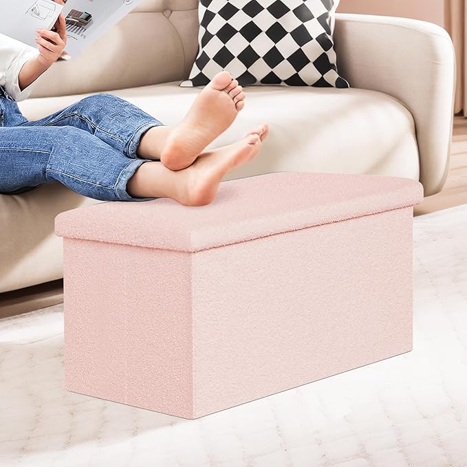 PINPLUS Folding Storage Ottoman Bench, Sherpa Ottoman with Storage, Large Long Shoes Bench Chest with Lid, Footrest for Living Room, Entryway, Pink 30'' x 15'' x 15''