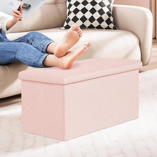 PINPLUS Folding Storage Ottoman Bench, Sherpa Ottoman with Storage, Large Long Shoes Bench Chest with Lid, Footrest for Living Room, Entryway, Pink 30'' x 15'' x 15''
