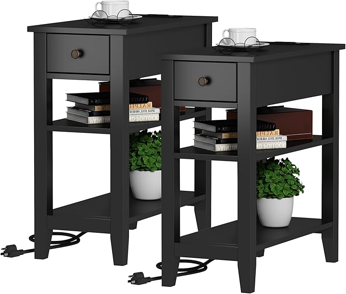 ChooChoo Black End Table Set of 2, Sofa Side Table Living Room with Charging Station,Narrow Night Stand with USB Ports & Power Outlets and Hidden Drawer