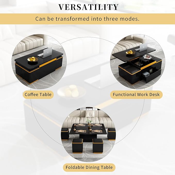 47.2'' Lift Top Coffee Table with 4 Storage Stools and Foldable Top, Modern Rectangular Multi-Functional Adjustable Dining Table Task Table with Hidden Compartment for Living Room, Black