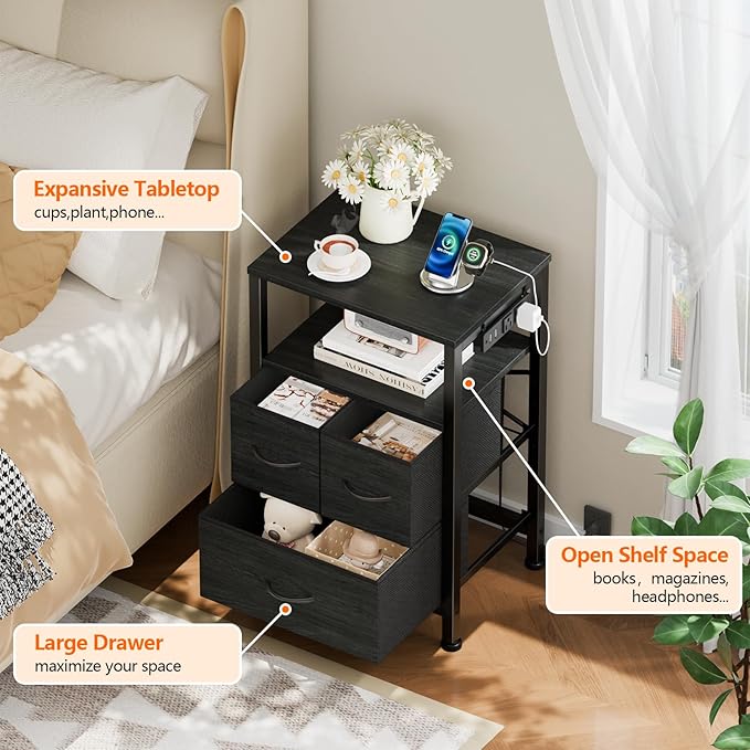 Furnulem Black Nightstand with Wood Shelf, Bed Side Table with Led Light and Charging Station, 25.8 Inch End Table with 3 Fabric Storage Drawers, Small Night Stand for Bedroom Furniture