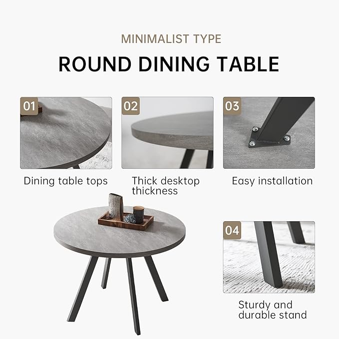 34.6'' Round Dining Table and Chairs for 2, Space Saving Modern Casual Coffee Table Set for Apartment Kitchen Dining Room (Grey Table+2 White Chairs)