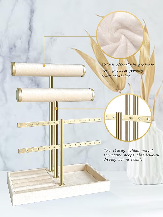 3 Tier Jewelry Organizer Stand with Detachable Ring Tray, Multi-functional necklace Holder for Bracelet, Earring, Elegant Closet Decor Gift for Women (White)