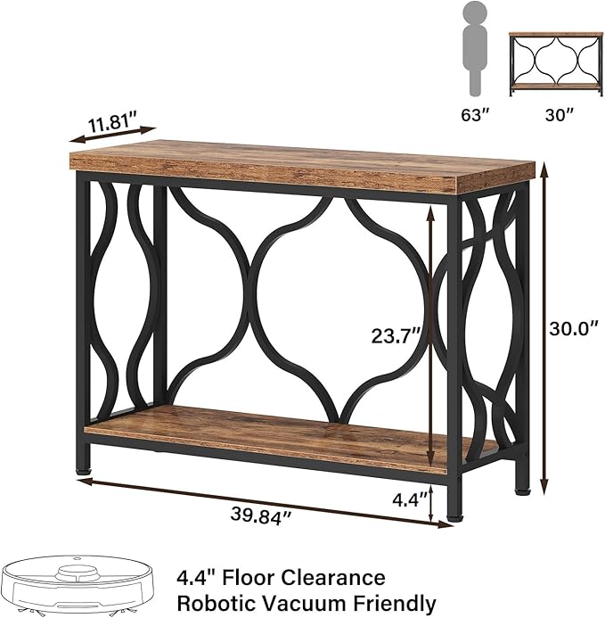 IBF 39.4" Narrow Console Table, Farmhouse Entryway Table in Living Room Hallway Foyer Entrance, Industrial Wood Metal Sofa Table Entry way Behind Couch Tables with 2-Tier Storage Shelves, Rustic Brown