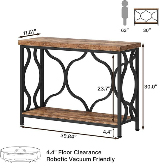 IBF 39.4" Narrow Console Table, Farmhouse Entryway Table in Living Room Hallway Foyer Entrance, Industrial Wood Metal Sofa Table Entry way Behind Couch Tables with 2-Tier Storage Shelves, Rustic Brown