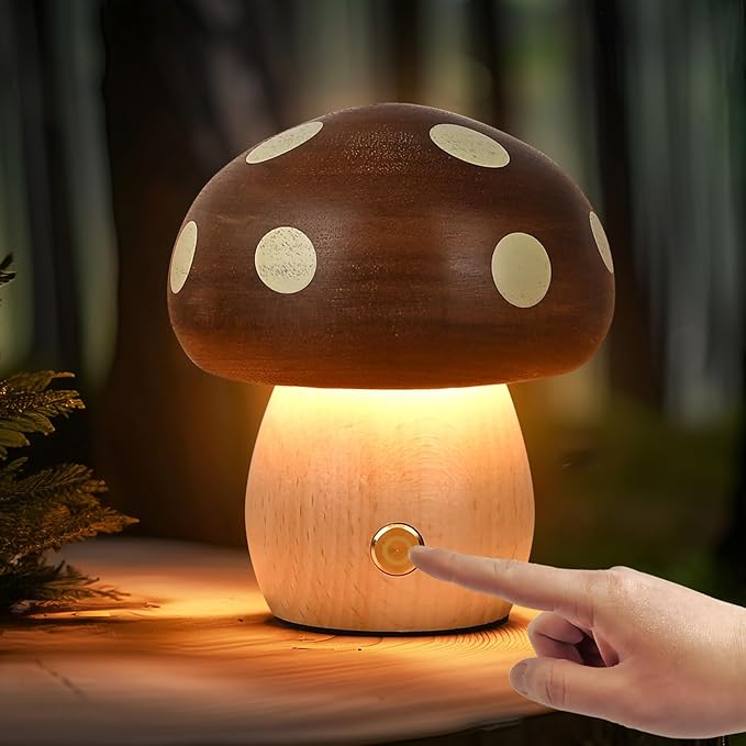 Wood Mushroom Lamp, Rechargeable Small Bedside Lamp, Touch Mushroom Night Light Small lamp for nightstand, Portable Battery Operated Lights for Bedroom Kids Birthday Gifts