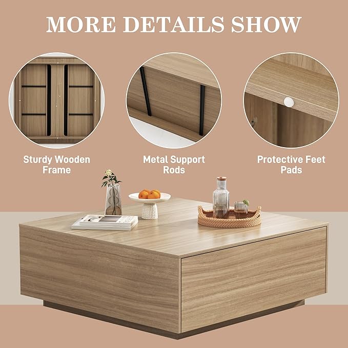 43” Square Coffee Table with Storage, 43" D x 43" W x 17" H Modern Large Square Center Table with 2 Drawers, Wood Coffee Table for Living Room, Light Brown,Bedroom,Light Brown